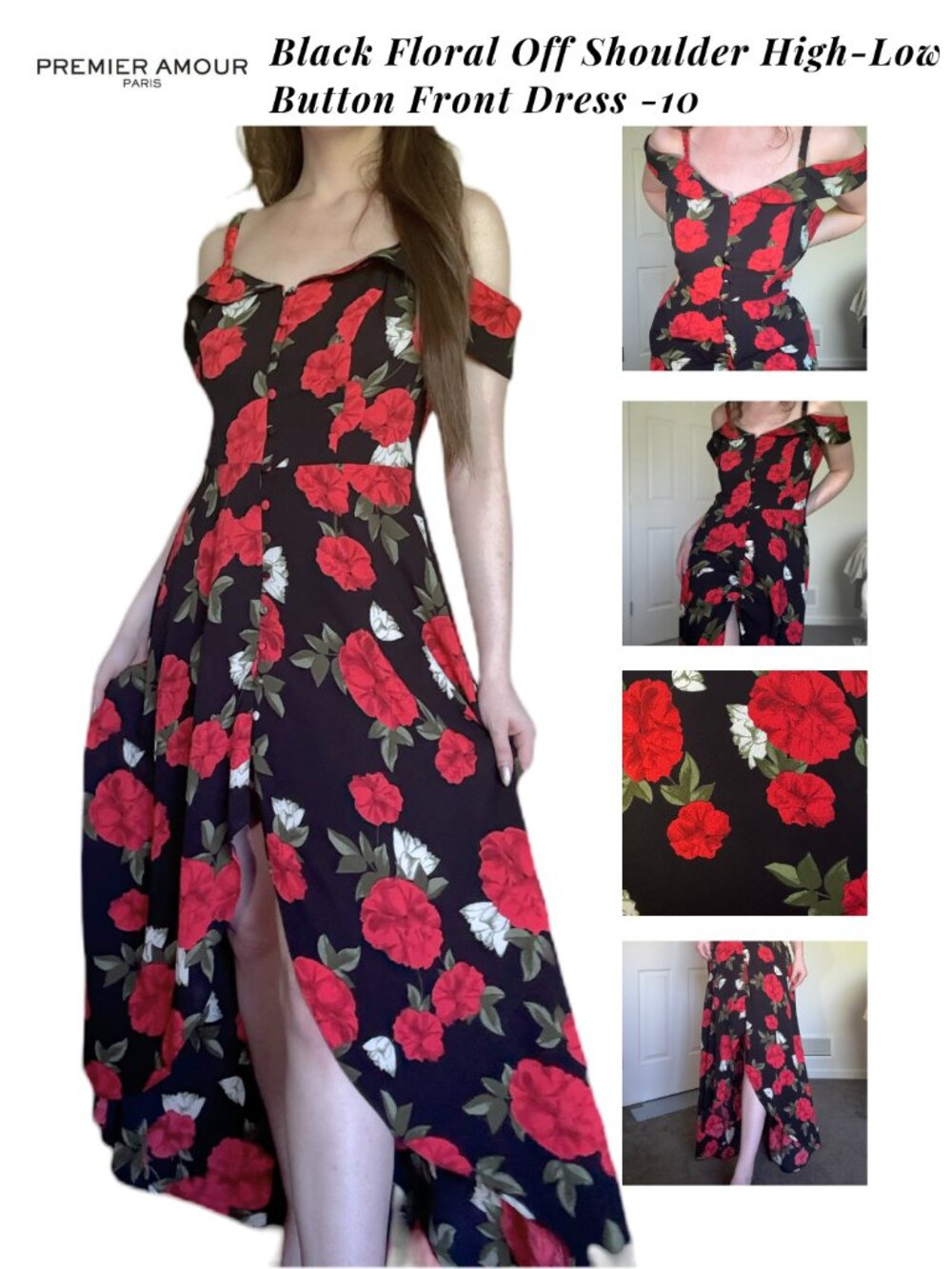 Premier Amour Red Black Floral Off Shoulder High Low Button Front Dress - 10